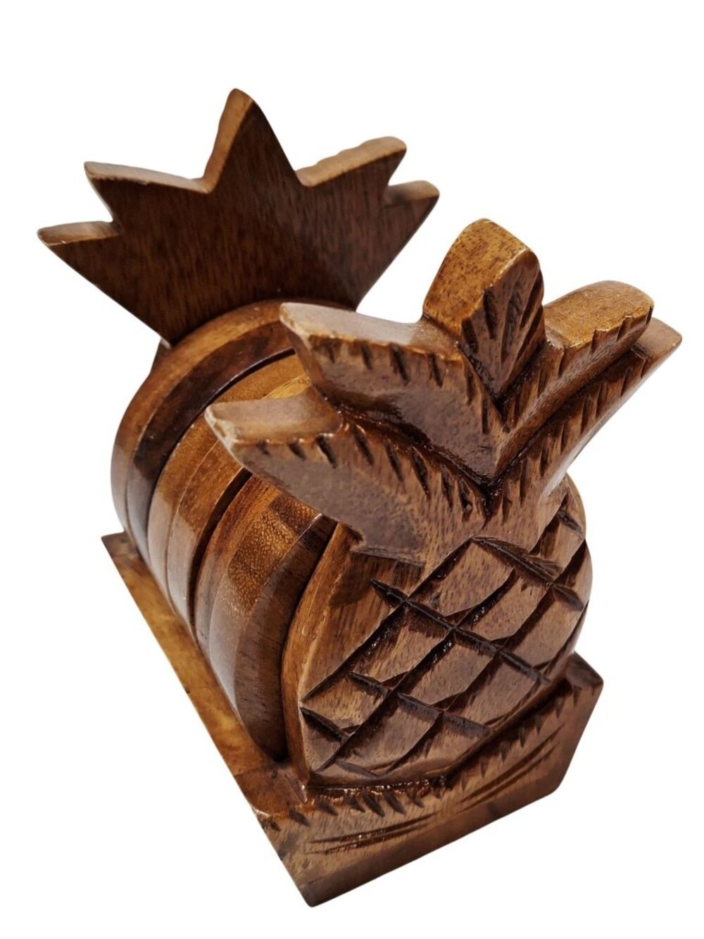 Hand-Carved Pineapple Design Wooden Coaster Set With Holder - Hawaii Souvenir -